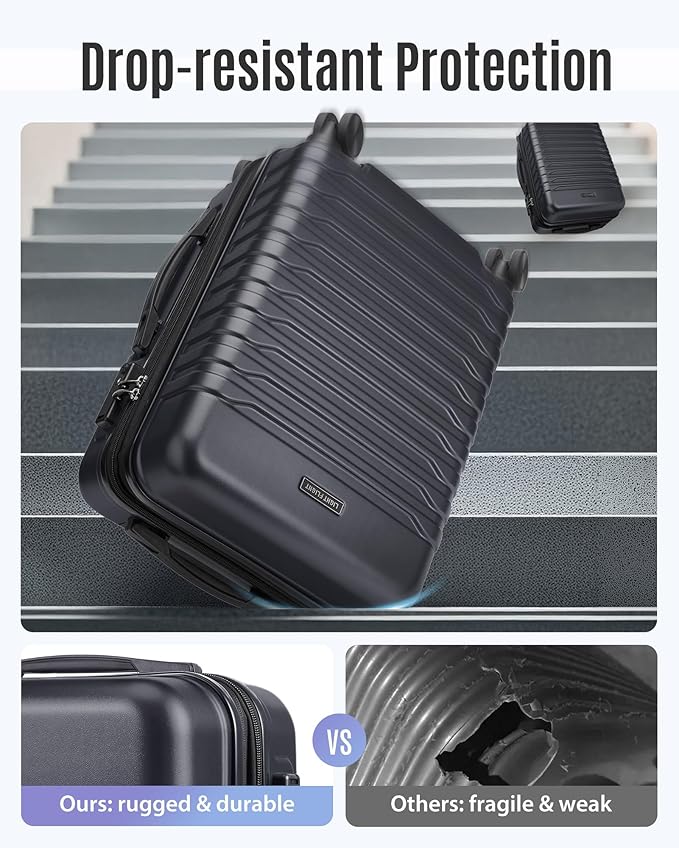 LIGHT FLIGHT Expandable Carry On Luggage 22x14x9 Airline Approved with Double Spinner Wheels, 20 Inch Lightweight Hard Shell Rolling Suitcases with TSA Lock, Black