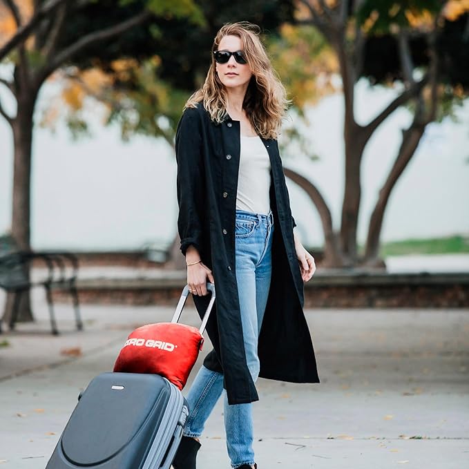 Zero Grid Lightweight Travel Blanket – Premium Compact Wearable Airplane Blanket with Neck Snaps, Cozy Foot Pockets, Zipper Pouch, converts to Soft Pillow for Ultimate Comfort - Scarlet