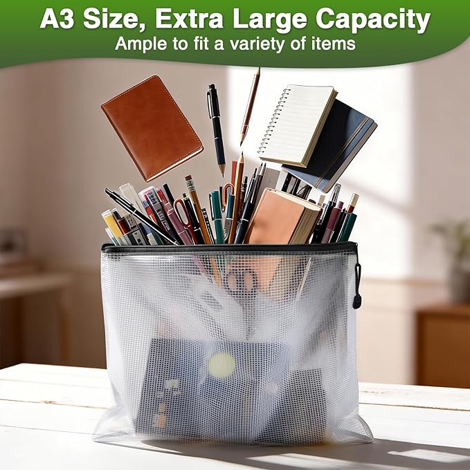 Umriox 5PCS A3 Zipper Bags, Extra Thick Mesh Zipper Pouch, Large Storage Bags, Zipper Pouches for Office Supplies, Puzzles Organizing Storage