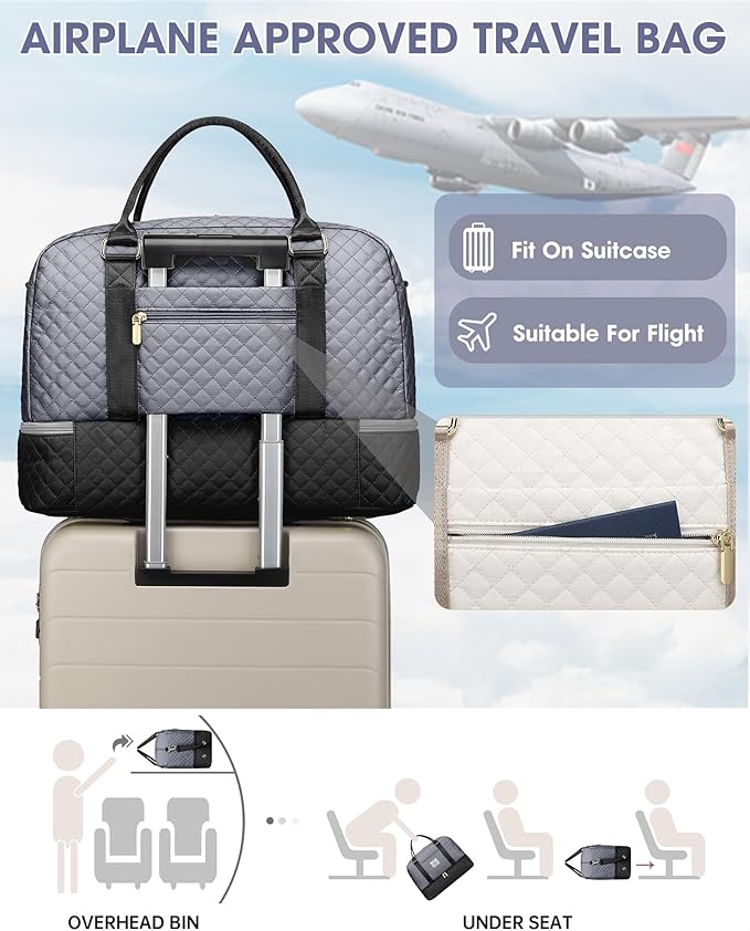 Weekender Bags for Women Travel Bag- Duffle Bags with Shoe Compartment Large Carry On Overnight Bag with Toiletry Bag & Wet Pocket for Women Labor Delivery Grey Black