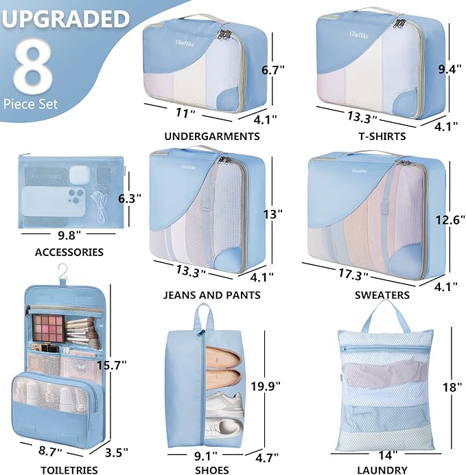 8 Set Packing Cubes for Travel, Gifts for Women Mom,Anti-Tearing Suitcase Organizer for Luggage with Shoe & Hanging Toiletry Bag,OlarHike Vacation Essentials & Accessories for Cruise Ship