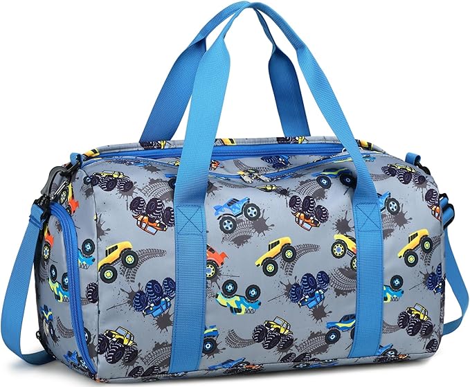 BTOOP Duffle Bag for Girls Kids Gym Sports Women Workout Travel Bag Weekender with Shoe Compartment and Wet Pocket (Truck-Blue)