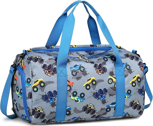 BTOOP Duffle Bag for Girls Kids Gym Sports Women Workout Travel Bag Weekender with Shoe Compartment and Wet Pocket (Truck-Blue)