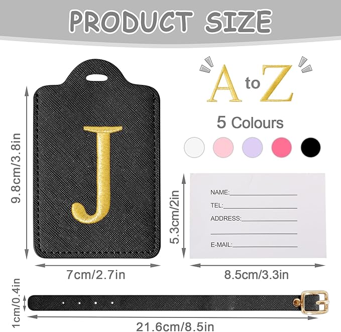 Personalized Initial Luggage Tags for Suitcases, Cute PU Leather Embroidered Letter Travel Luggage Tags, Suitcase Identifier Name Baggage Tag, Bag Tags for Men Women Kids Luggage Handbags(Black J)