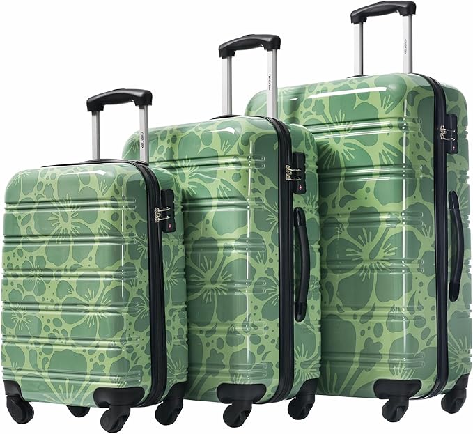 Merax Suitcase Set, Hardshell Luggage Sets 3 Piece with Spinner Wheels, Durable Printing Suitcase with TSA Lock Lightweight 20" 24" 28",Green