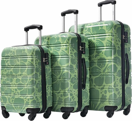 Merax Suitcase Set, Hardshell Luggage Sets 3 Piece with Spinner Wheels, Durable Printing Suitcase with TSA Lock Lightweight 20" 24" 28",Green