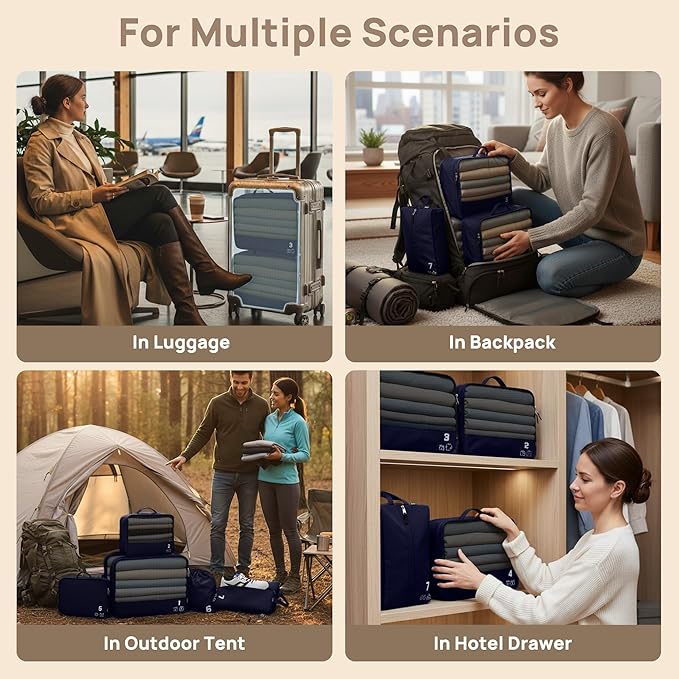 7 Set Compression Packing Cubes Travel Accessories Expandable Packing Organizers (Navy Blue)