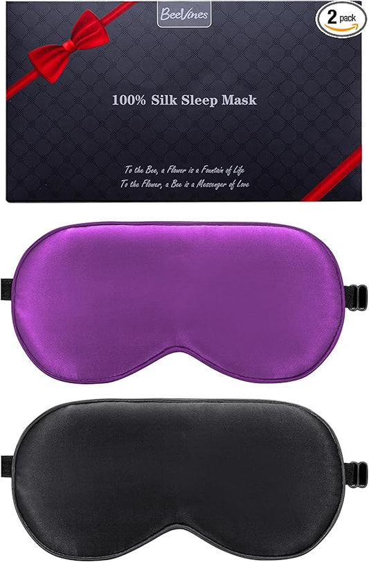 BeeVines 100% Real Mulberry Silk 2 Pack Sleep Mask, Pure Silk Eye Masks with Adjustable Strap for Sleeping, 100% Block Light Eye Shade Cover, Reduces Puffy Eyes Traveling Gifts(Black & Rich Purple)