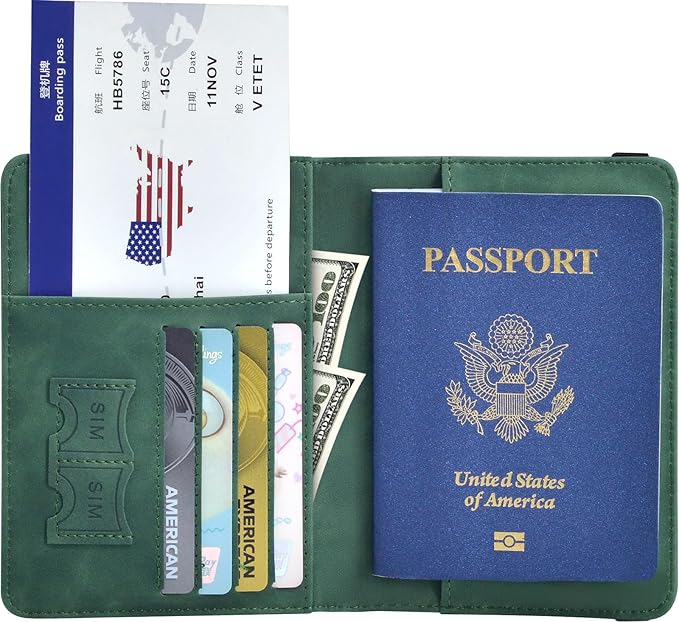 Passport Holder, Passport Cover with Credit Card Slot and Boarding Pass Slot Combo, Passport Wallet Case Book Travel Must Have, RFID Blocking Leather Travel Accessories, Atrovirens