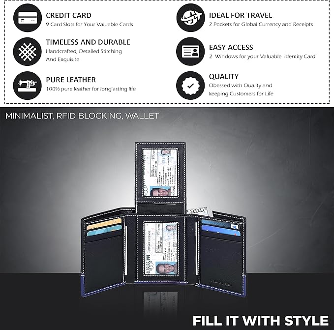 Real Leather Mens Trifold Wallet RFID Blocking Slim Minimalist Front Pocket - Thin & Stylish with ID Window in Gift Box