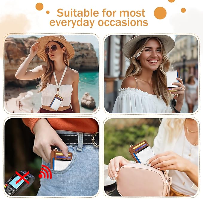 Yonlevres Credit Card Holder Slim Wallet Women, Minimalist RFID Blocking Small Wallet Woman, Front Pocket Travel Thin ID Window PU Leather Mini Organizer Case Purse Gift Girl Ladies White Caramel