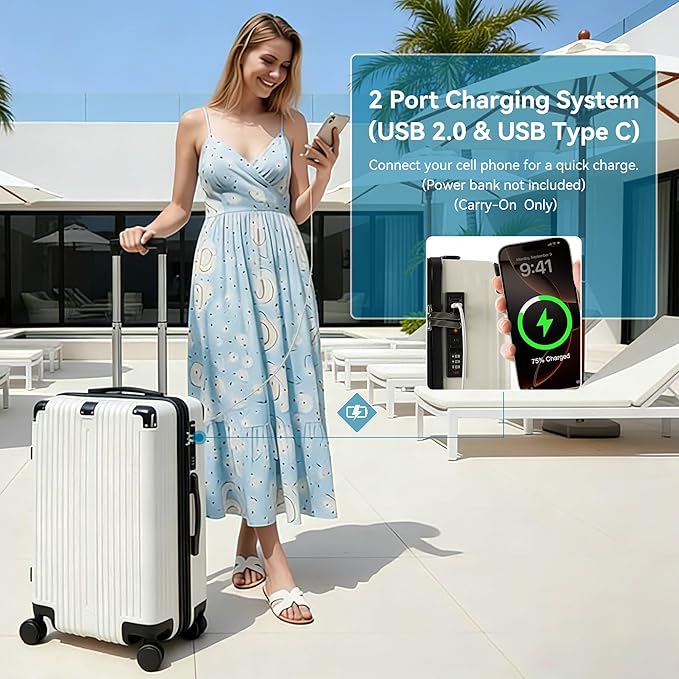 20 Inch Carry On Luggage with Spinner Wheels,PC Expandable Hard Shell Suitcase with USB Port,Lightweight Travel Luggage Airline Approved for Men Women (White)