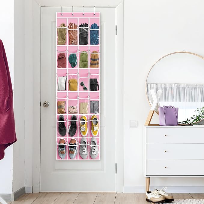 Simple Houseware 24 Pockets - Crystal Clear Over The Door Hanging Shoe Organizer, Pink (64'' x 19'')