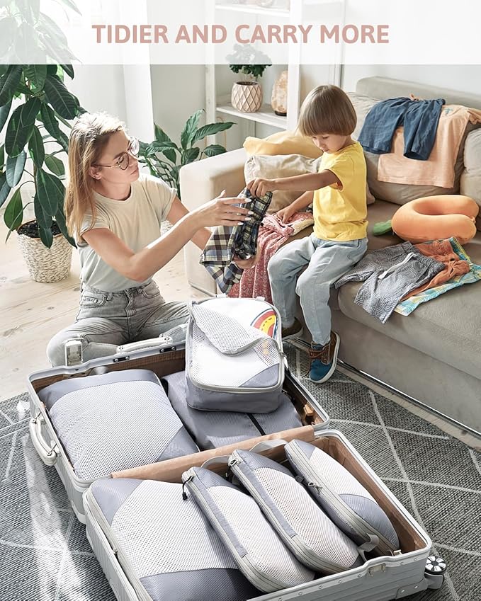 Meowoo 7 Set Compression Packing Cubes for Travel, Durable Ripstop Mesh Suitcase Organizer with Shoe Bag, Ultralight & Expandable Space Saver Travel Cubes