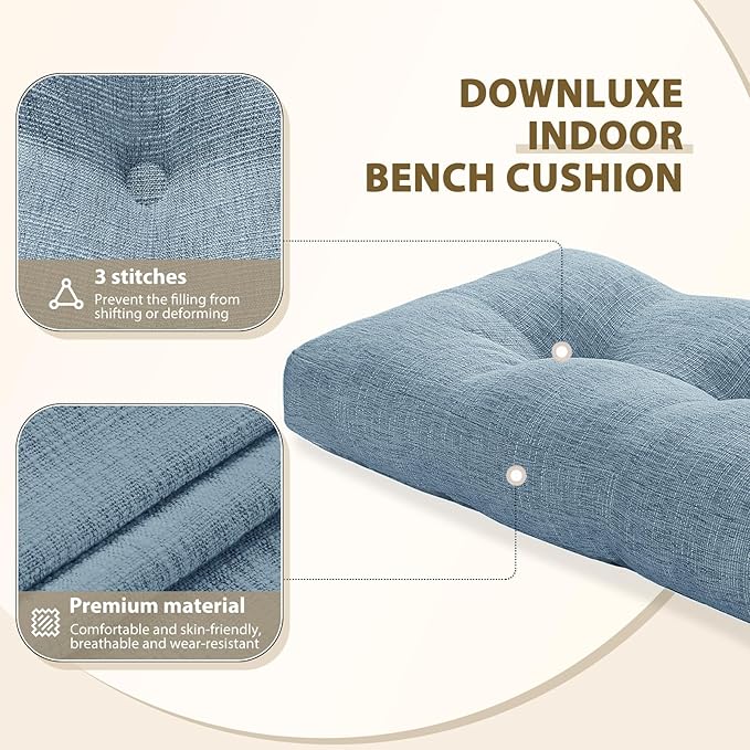 downluxe Indoor Bench Cushion for Indoor Furniture, Non-Slip Tufted Overstuffed Textured Foam Bench Seat Cushion, 36" X 14" X 4", Blue, 2 Pack