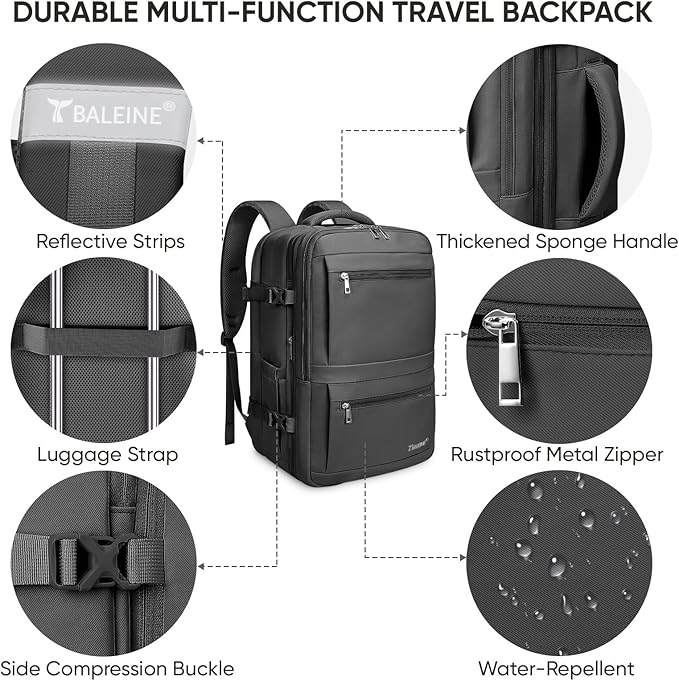 BALEINE Travel Backpack for Women Men, Large Sturdy Carry On Laptop Backpack Gifts for Business, Casual, Weekender, Hiking (XL, Black)
