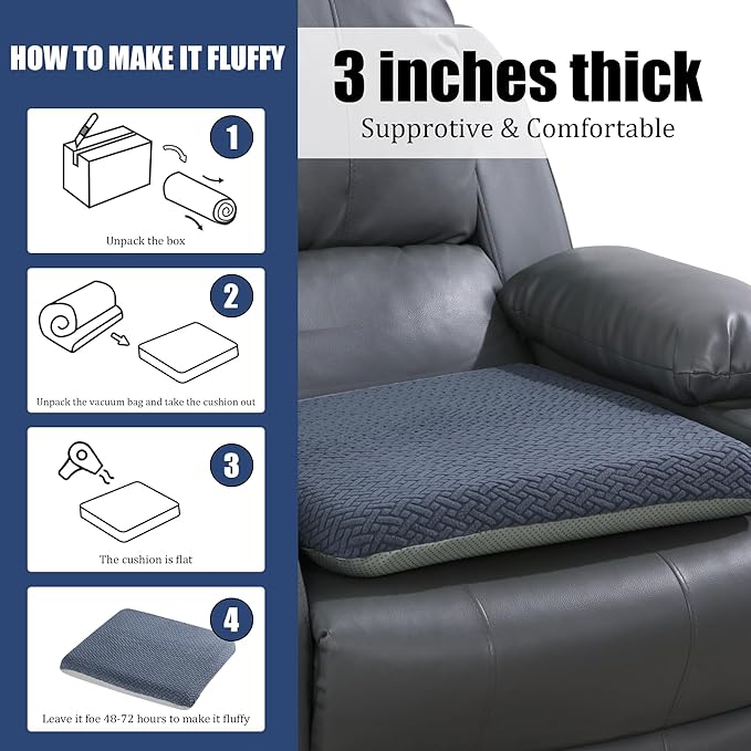 HOMBYS Tufted Furry Recliner Seat Cushion for Elderly Foam Curved Edge Large Square Seat Cushion for Recliner Chair, Floor Pillow, Office Chair, Car, No Pressure on Thighs(Grey)