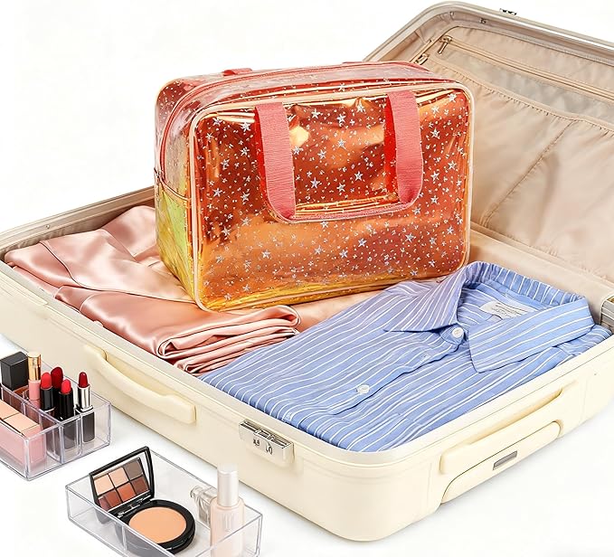 Holographic Brown Clear Star Large Cosmetic Bag and TPU Travel Pouch with Handle,Durable Material,Zipper Design-Ideal for Makeup,Travel Essentials 11.81x5.12x8.27inch (Brown)