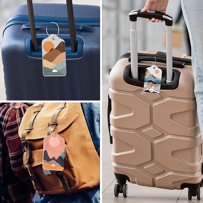 Rimilak 3 Pcs PU Leather Luggage Tags for Suitcase, Travel Cruise Luggage Tag with Privacy Flap, Name ID Label and Metal Loop for Women Men Baggage Handbag School Bag Backpack, Setting Sun
