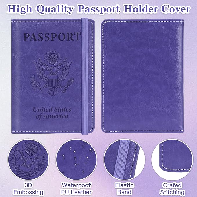 Passport Holder for Travel, RFID Blocking Passport Cover with Pen Holder Leather Passport Wallet Case Travel Must Haves Accessories Passport Book Card Holder for Family Travel Essentials, Dark Purple