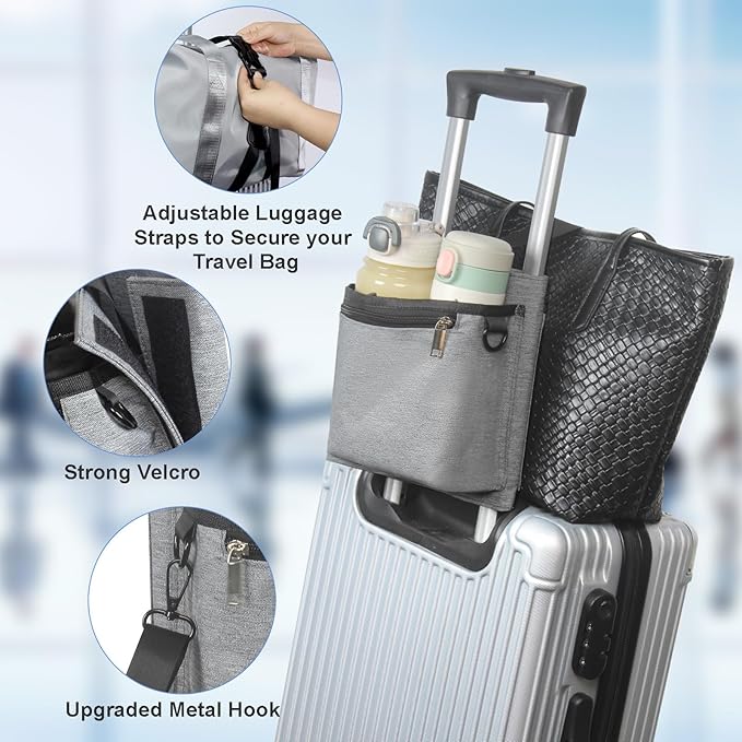 Bokelai Luggage Travel Cup Holder with Straps for Add a Bag Hands Free Suitcases Drink Carrier Beverage Caddy Travel Accessories Flight Attendants Travelers Gray
