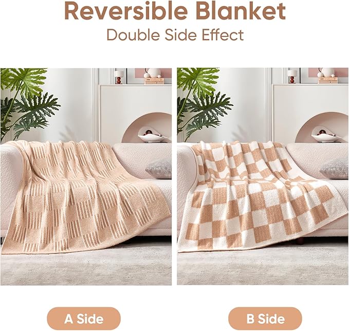 Snuggle Sac Checkered Throw Blanket Faux Fur Microfiber Blankets for Couch,Reversible Soft Cozy Warm Blanket for Sofa Bedroom,Cute Lightweight Striped Throws for Women,Heather Beige,60x80 inches