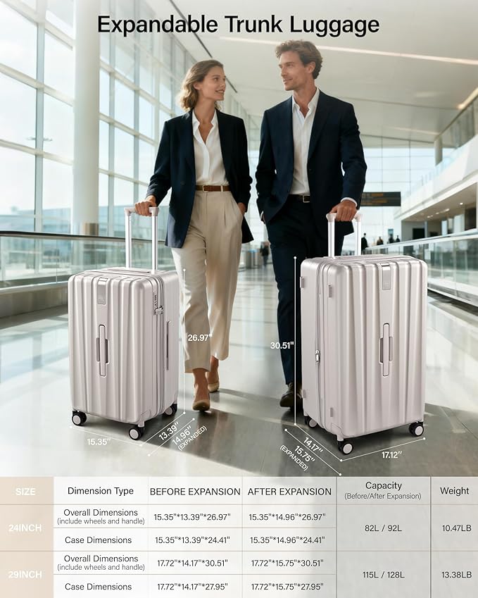 Hanke 24 Inch Plus Expandable Luggage Large Suitcases with Wheels, Medium Checked Luggage Hard Shell Suitcases, PC Trunk Luggage Extra Large Suitcase with Lock for Women Men(Ivory White)