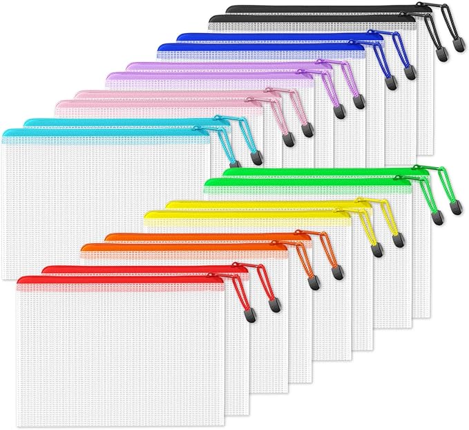 SUNEE Plastic Mesh Zipper Pouch 7.8x10.8 in (9 Colors, 18 Packs),Extra Large Water-Resistant Zip Bag for School Office Supplies, Puzzles & Games Organizing Storage