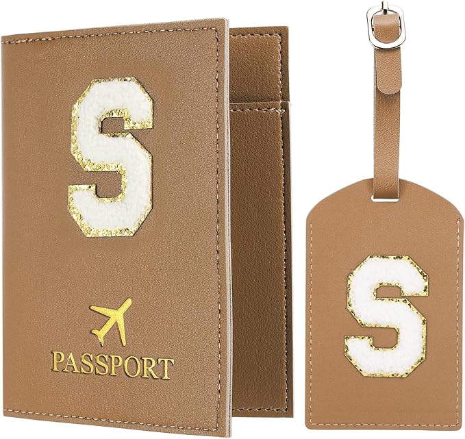 PATIKIL Passport Holder for Travel, Initial Passport Cover and Luggage Tag Set with Alphabet Chenille Letter Patch Travel Wallet Bag Suitcase Identifier for Women Family Travel Brown S