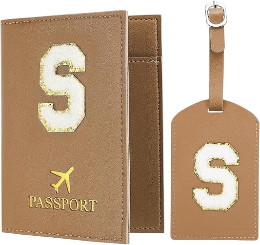 PATIKIL Passport Holder for Travel, Initial Passport Cover and Luggage Tag Set with Alphabet Chenille Letter Patch Travel Wallet Bag Suitcase Identifier for Women Family Travel Brown S