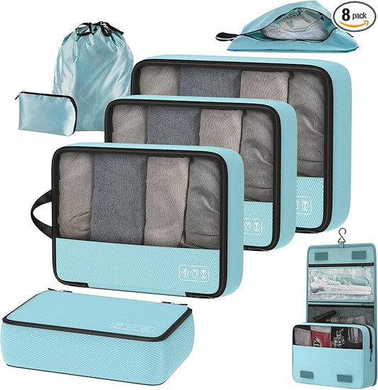 Compression Packing Cubes Set, Versatile 8pc Travel Essential Packing System- Lightweight Travel Organizers for Family & Business Travel, Space Save for Backpack, Duffel & Suitcase- Blue