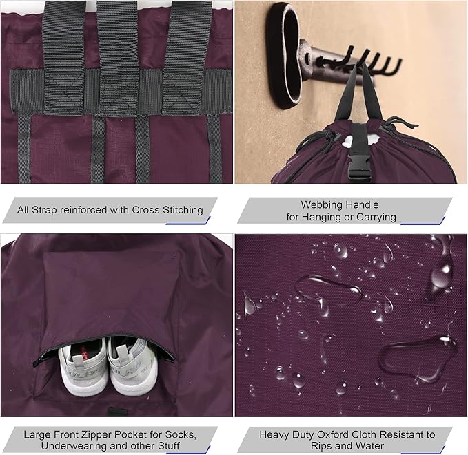 BeeGreen Laundry-Bag-Backpack-Heavy-Duty, Burgundy Nylon Drawstring Portable Laundry Backpack Foldable Extra Large Dirty Clothes Travel Bag College Dorm Apartment Essentials