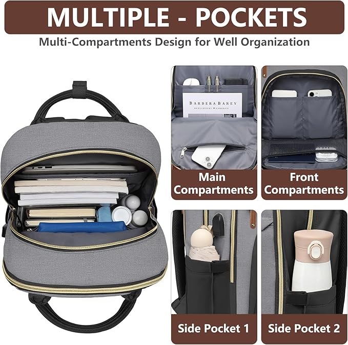 Laptop Backpack for Women Work Bag - Fits 17.3 Inch Laptop Bag Travel Work Backpack Anti-theft Bags with USB Charging Business Computer Waterproof Backpack Purse for Nurse Teacher Black Grey Brown