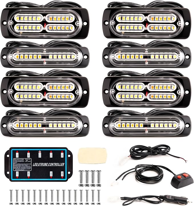 8-pcs Sync Feature LED Emergency Strobe Lights Ultra Slim Grille Surface Mount Flashing Warning Hazard Light Bar w/Controller for Snowplow, Construction Trucks, Vehicles, Car (R/B)