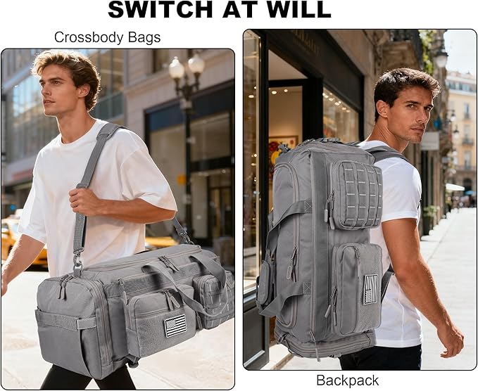 LHI 50L Tactical Duffle Bag for Men, 3-in-1 Gym Duffle and Backpack, Shoe Compartment, Laptop Sleeve and MOLLE, Carry-On Travel Weekender and Overnight Bag – Gray