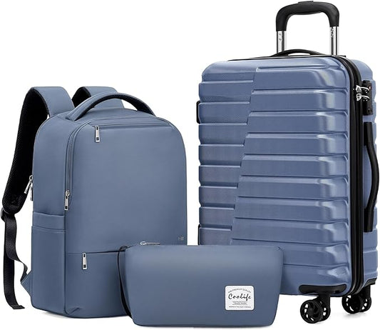 Coolife Luggage Sets 3 Piece, 20In Carry On Luggage with Spinner Wheels PC Hardside Suitcase Set with Travel Backpack (Blue, Backpack/TB/20)