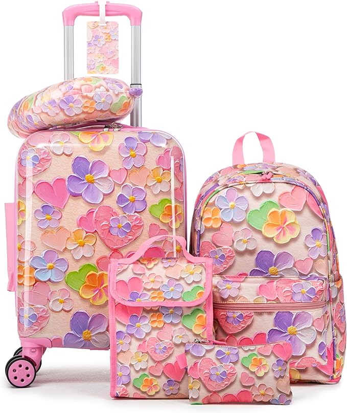 Kid’s Luggage Set 6 Piece Suitcase Set 16’’ Hardside Luggage with Spinner Wheels Girls Boys Carry on Luggage Travel Rolling Luggage Airline Approved