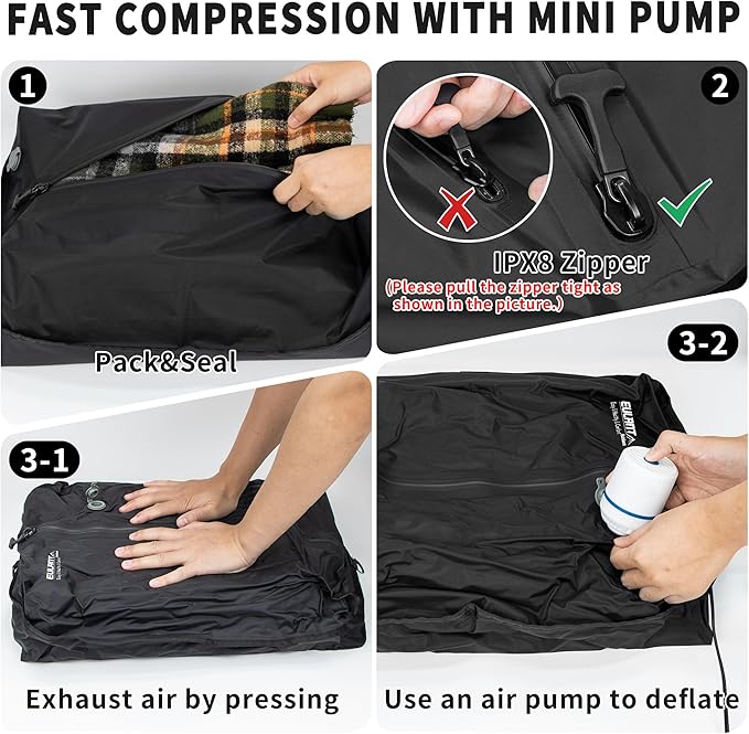 Reusable Vacuum Bags for Travel With Pump,Professional Waterproof IPX8 Zipper Vacuum Compression Bag for Suitcases Backpack,Space Saver Bags Packing Organizers for Clothing Packing(3 Pack,Black)