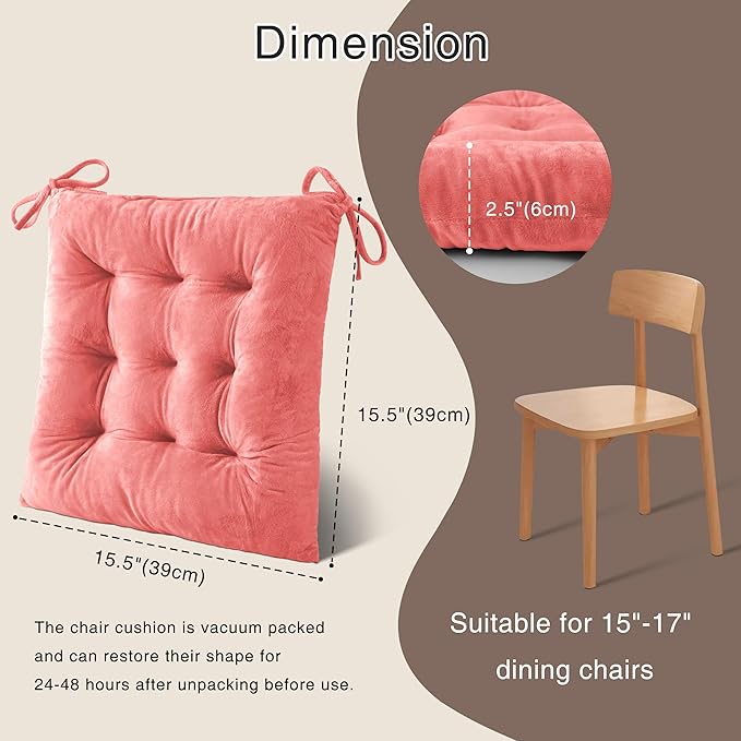 OVOV 4 Pack Chair Cushions for Dining Chairs Soft Seat Cushions for Kitchen Desk Chairs Square Chair Pads with Ties (15.5"x15.5" Pink)