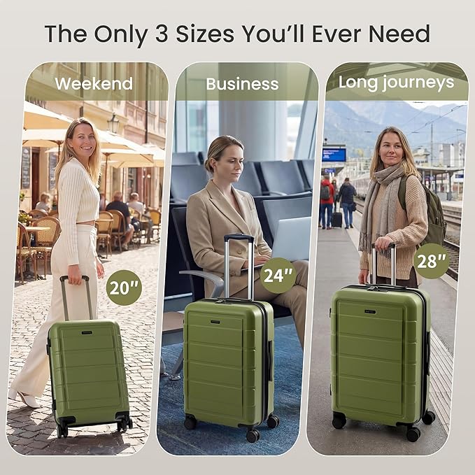 SHOWKOO Luggage Sets Expandable 100% PC Durable Suitcase Double Wheels TSA Lock Olive Green 3pcs