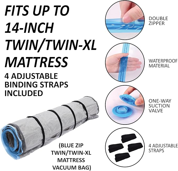 Storage Logic Foam Mattress Vacuum Bag with Blue Zipper, Mattress Storage Bag, Straps Included, Twin/Twin-XL