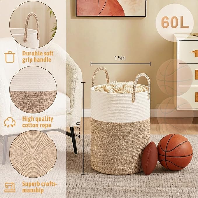 Laundry Basket,Woven Cotton Rope Laundry Hamper,60L for Decor Storage of Dirty Clothes,Toys and Blankets in Bathroom,Baby Room and Living Room