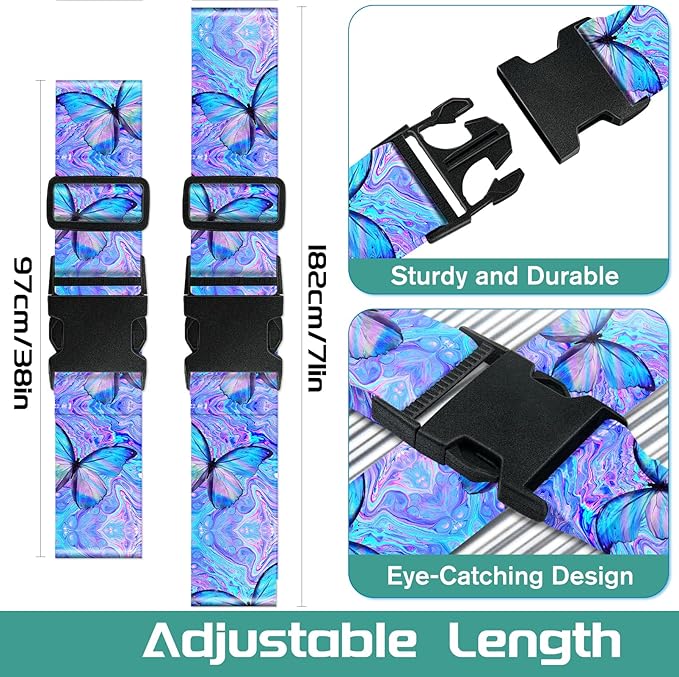 Slohif Luggage Straps for Suitcases Travel Belt Accessories Luggage Connector Identifiers 2 Pack Over Handle with Buckle Unique Nylon Adjustable Strap for Sleeping Bag Car Seat Butterfly