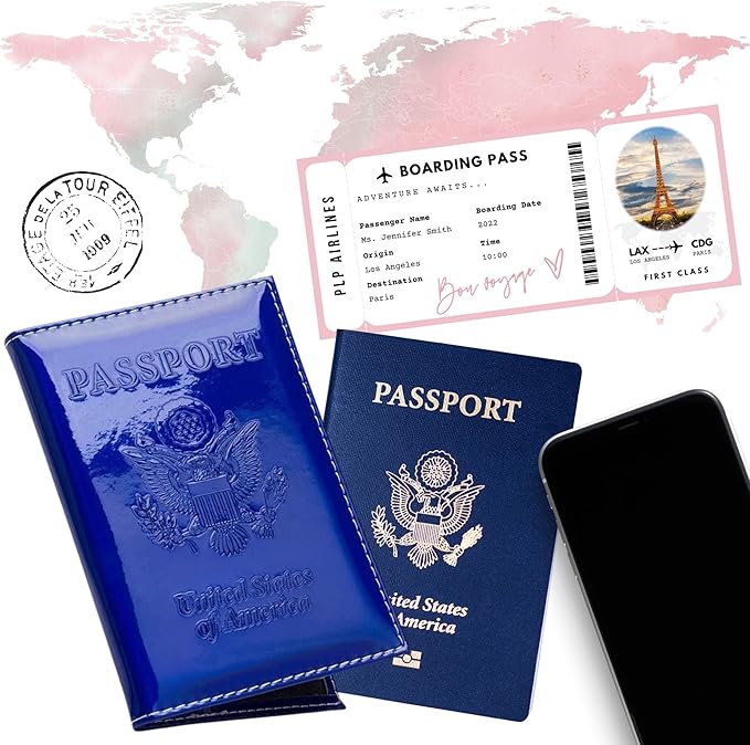 Chrome Passport Cover Vaccine Card Holder Combo, Passport Holder with Vaccine Card Slot (Blue)