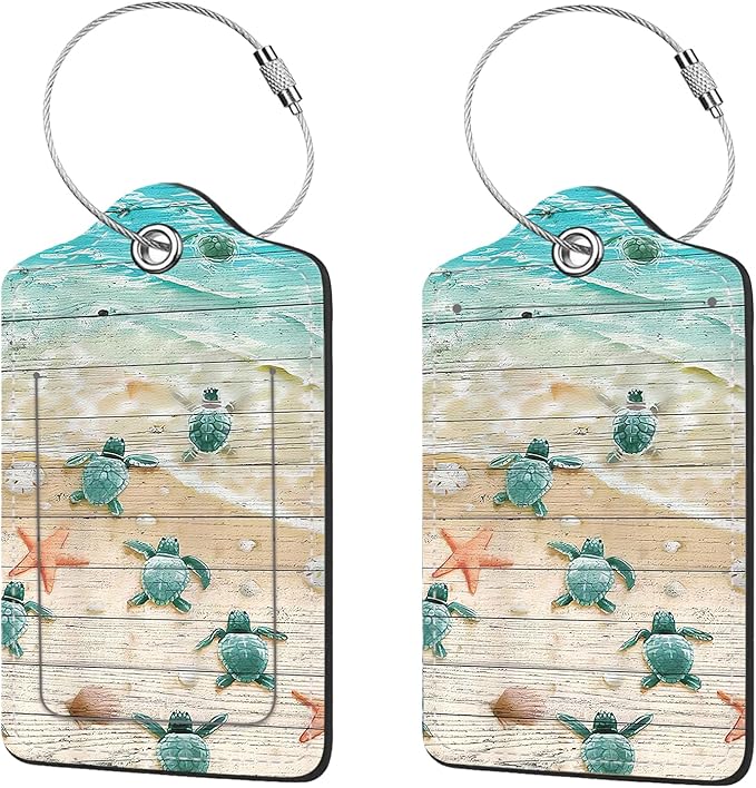 2 Pcs Luggage Tags for Suitcase, Cute Unique PU Leather Travel Bag Tag with Privacy Cover ID Label Address Card and Durable Metal Ring Suitable for Men Women Children Backpack,Turtle and Starfish