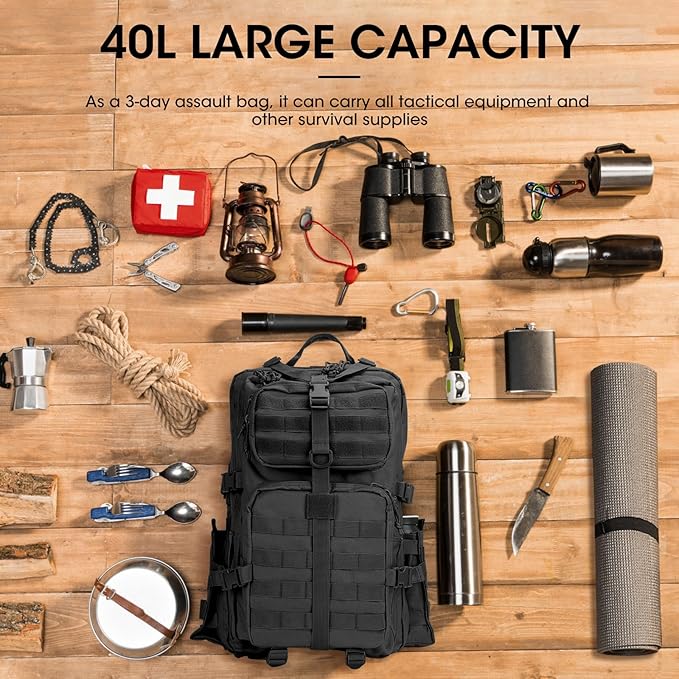 REEWBOW GEAR 40L Military Tactical Backpack For Men 3 Day Survival Heavy Duty Daypack MOLLE Bug Out Bag Hiking Rucksack (Black with Bottle Holder)