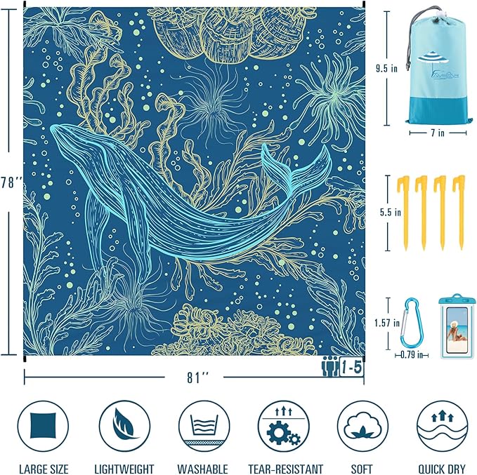 Famstar Beach Blanket Sandproof Waterproof 78''×81''1-5 Adults Oversized,Compact Lightweight Durable Beach Mat for Travel Camping Hiking Picnic Blanket