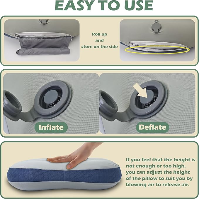 Inflatable Travel Camping Pillow - Ultralight, Portable, Removable, Double Cotton Cover Pillow for Neck Support with Storage Bag for Camping, Traveling, Backpacking, Hiking