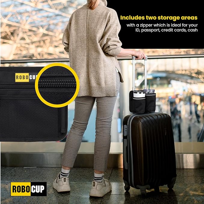 ROBOCUP Travel-Friendly Foldable Dual Drink Holder, Univesal Design for Luggage, Cases and Breifcases with a Telescopic Handle | Storage Pockets, D-Ring, Pen Slot, Reflective Stripe, Hook&Loop Patch