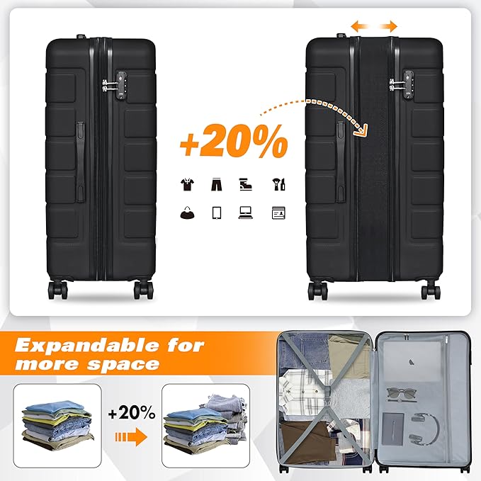 Explorer Luggage Set, Lightweight Hardside Suitcase, Expandable Carry-On Luggage with Travel Backpack & Cosmetic Makeup Bag, 5-Piece Set (20in/24in/28in), Black